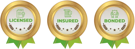 Three gold badges labeled Licensed, Insured, Bonded with green icons and ribbons.