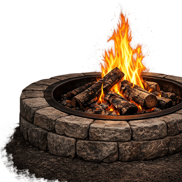Stone fire pit with burning logs and vibrant flames.